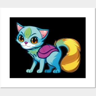 Adorable Cartoon Cat with Golden Tail and Backpack Posters and Art